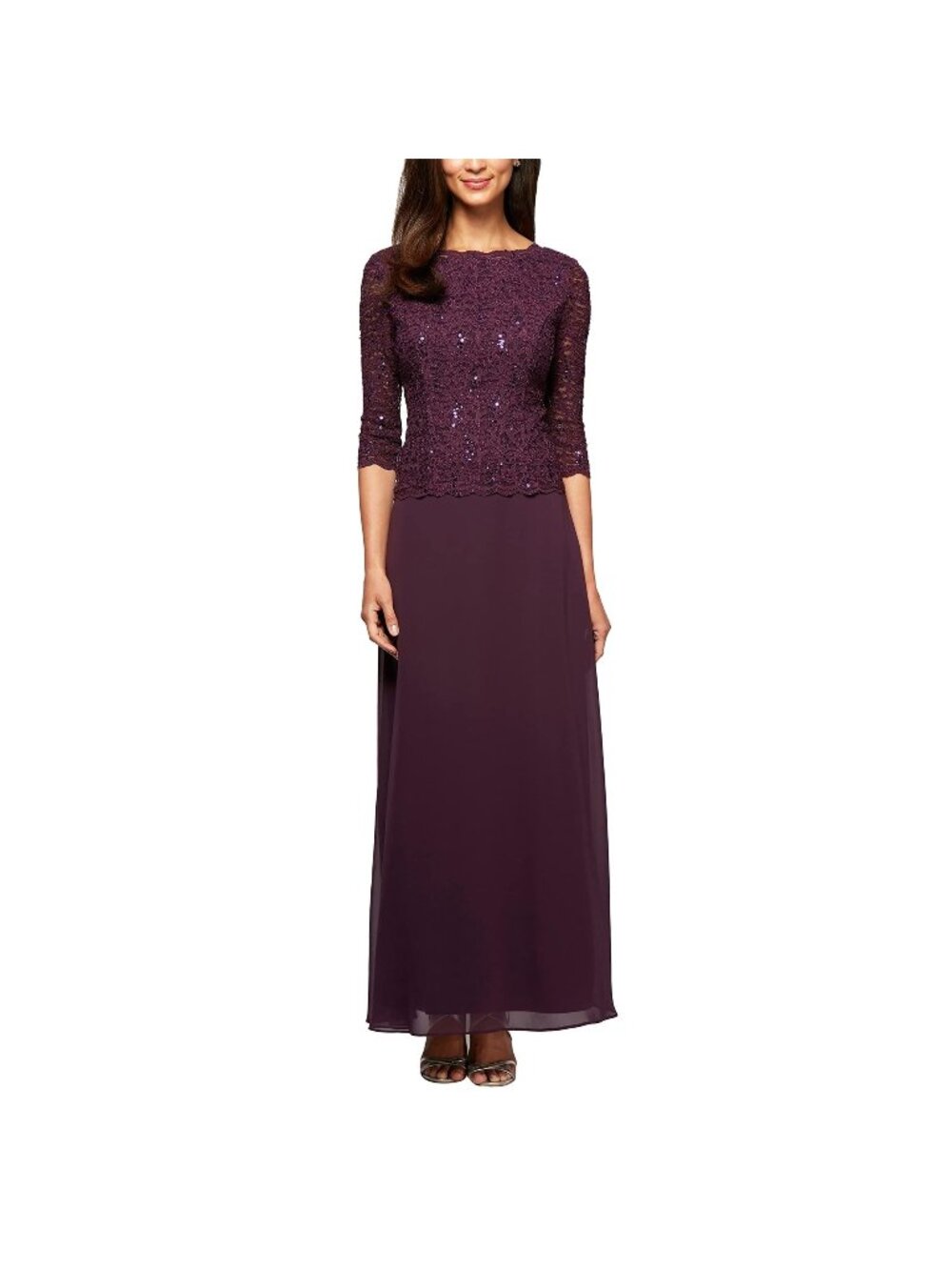 Alex Evenings 10P  3/4 Sleeve Stretch Lace Bodice One Piece Dress Deep Plum